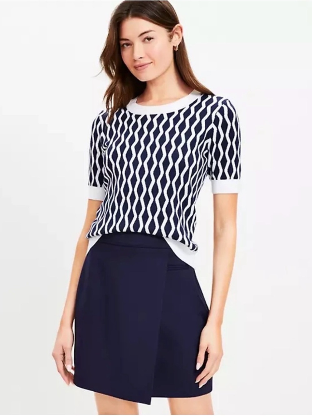 LOFT Navy and White Wave-Pattern Short Sleeve Top